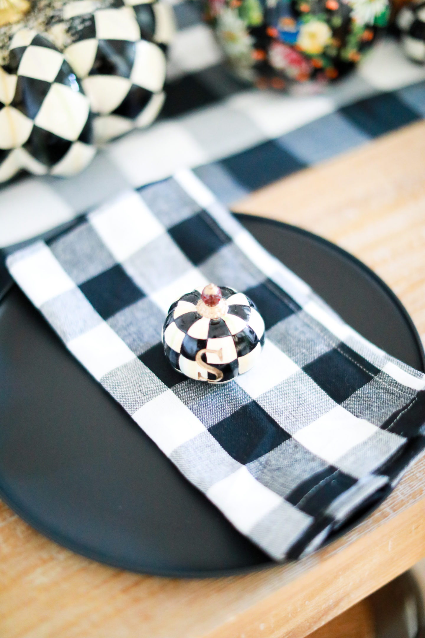 black and white gingham table setting