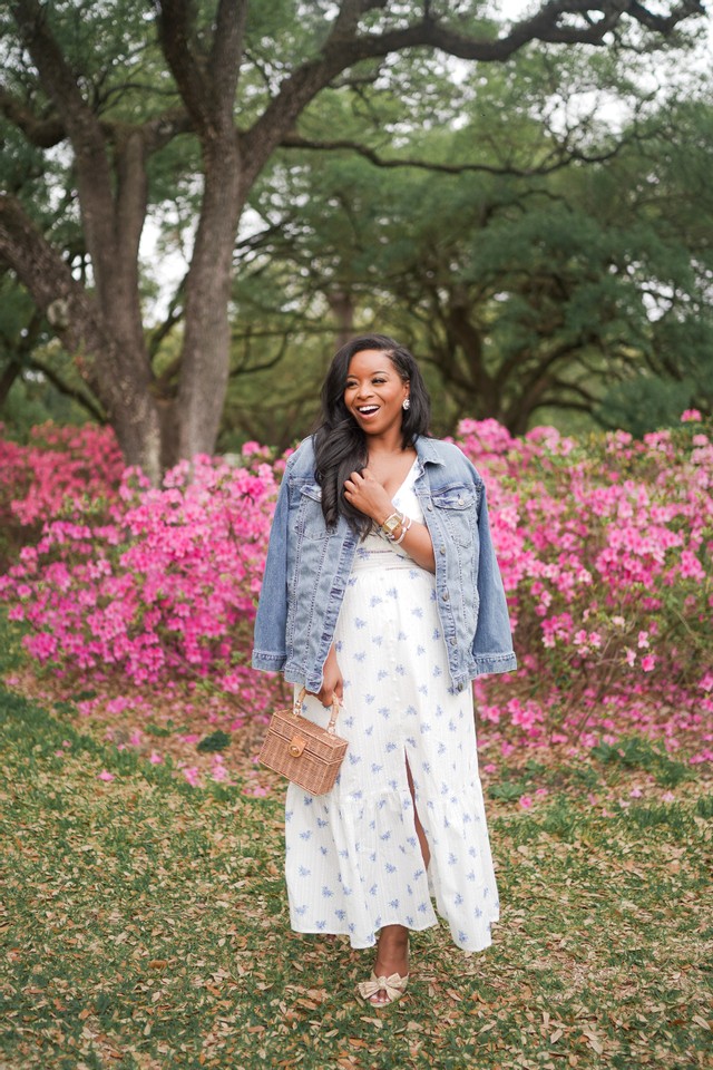 maxi dress and denim jacket outfit